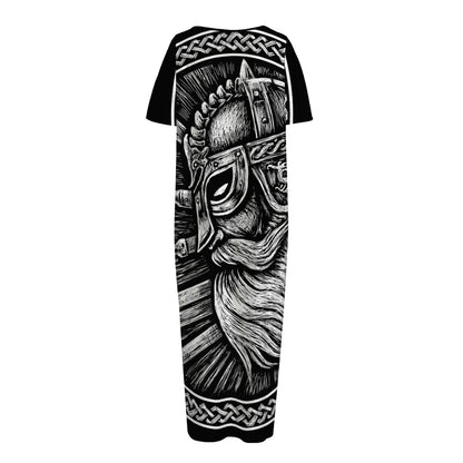 Black And White Viking God Odin Print Short Sleeve Long Nightdress