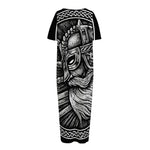 Black And White Viking God Odin Print Short Sleeve Long Nightdress