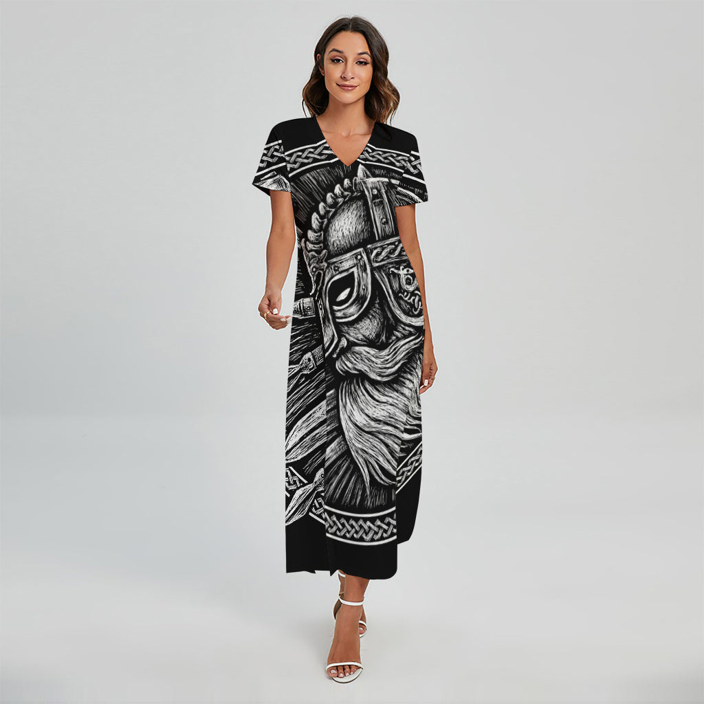 Black And White Viking God Odin Print Short Sleeve Maxi Dress
