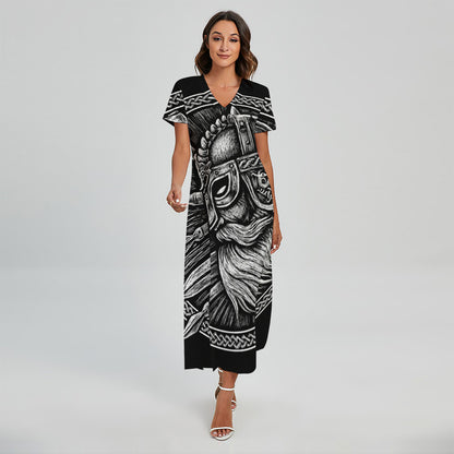 Black And White Viking God Odin Print Short Sleeve Maxi Dress