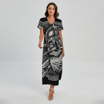 Black And White Viking God Odin Print Short Sleeve Maxi Dress