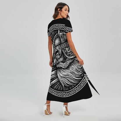 Black And White Viking God Odin Print Short Sleeve Maxi Dress