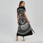 Black And White Viking God Odin Print Short Sleeve Maxi Dress