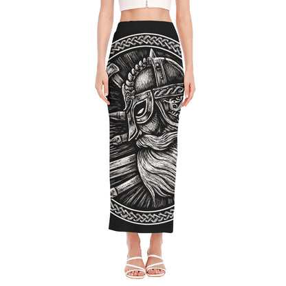 Black And White Viking God Odin Print Side Slit Maxi Skirt