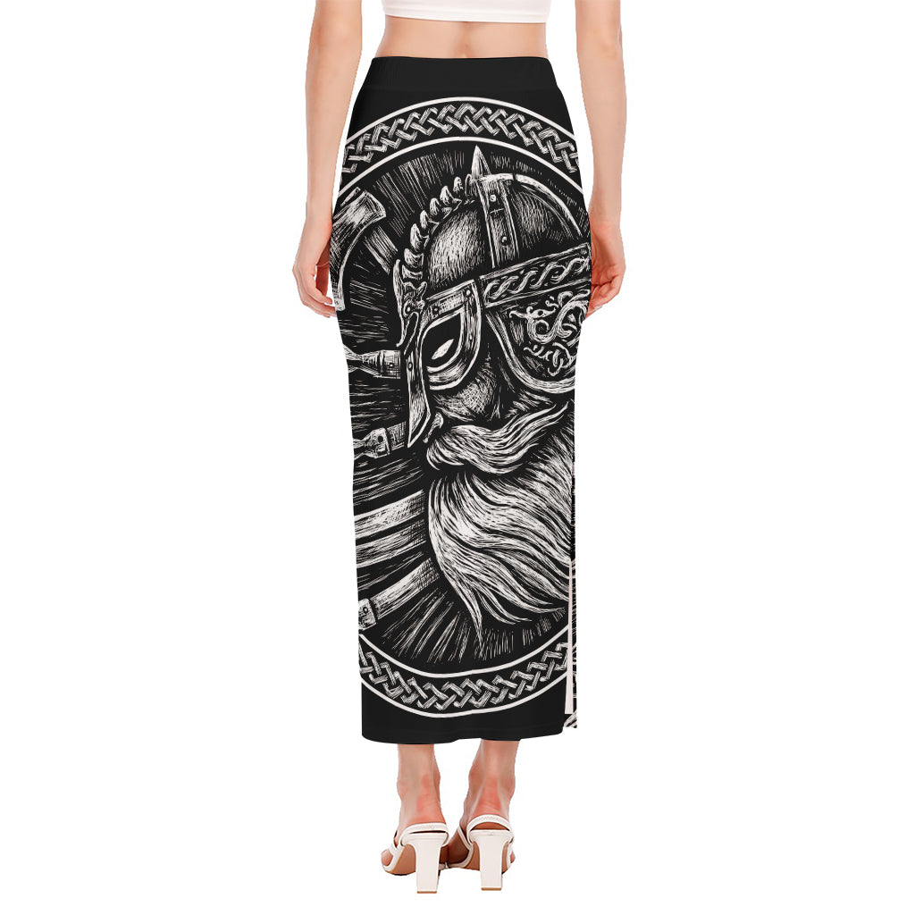 Black And White Viking God Odin Print Side Slit Maxi Skirt