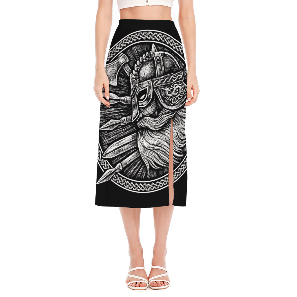 Black And White Viking God Odin Print Side Slit Midi Skirt