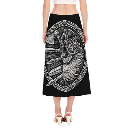 Black And White Viking God Odin Print Side Slit Midi Skirt