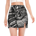 Black And White Viking God Odin Print Side Slit Mini Skirt