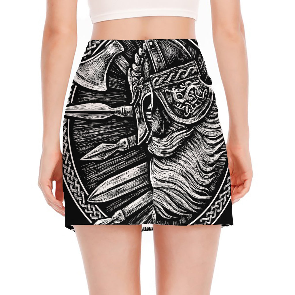 Black And White Viking God Odin Print Side Slit Mini Skirt
