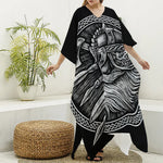 Black And White Viking God Odin Print Silk V-Neck Kaftan Dress