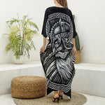 Black And White Viking God Odin Print Silk V-Neck Kaftan Dress