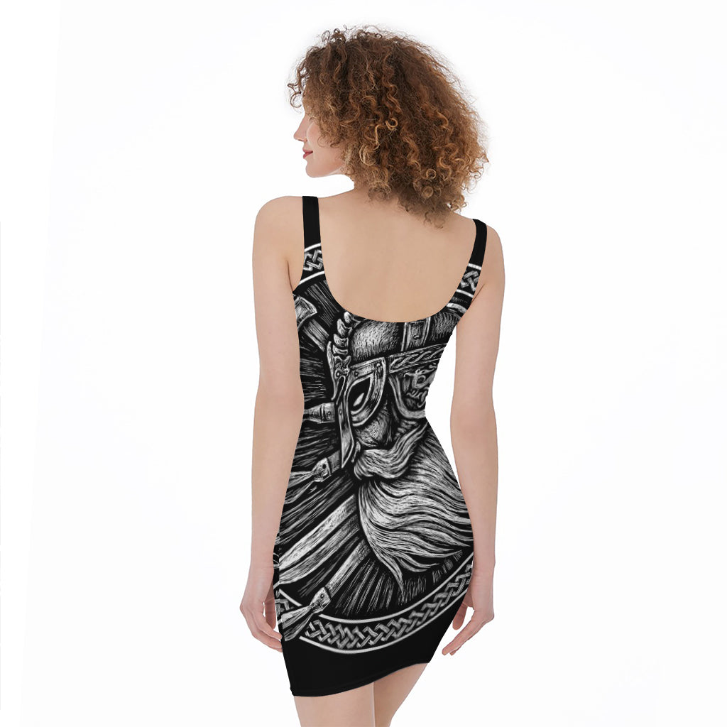 Black And White Viking God Odin Print Sleeveless Bodycon Dress