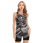 Black And White Viking God Odin Print Sleeveless One Piece Swimsuit