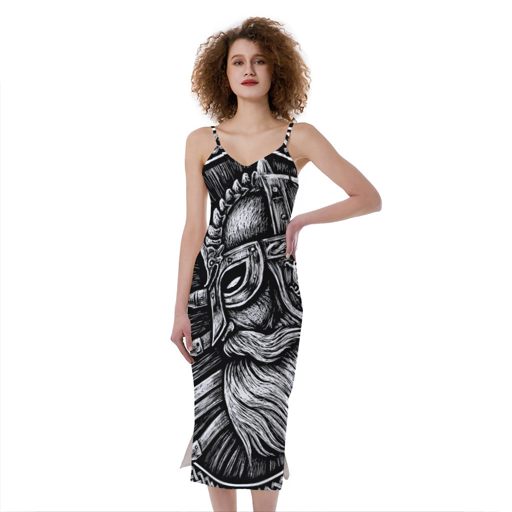 Black And White Viking God Odin Print Slim Fit Midi Cami Dress