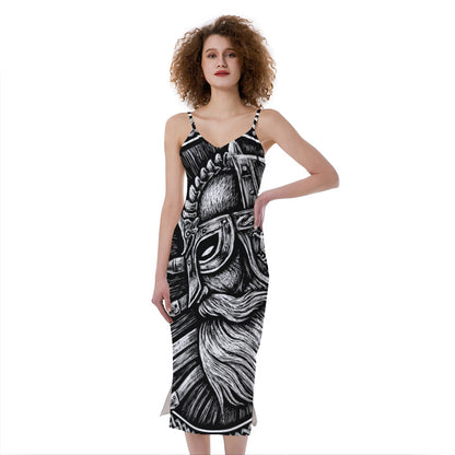 Black And White Viking God Odin Print Slim Fit Midi Cami Dress