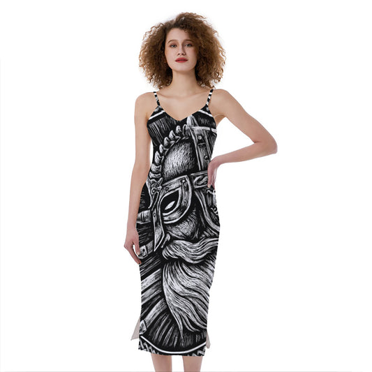 Black And White Viking God Odin Print Slim Fit Midi Cami Dress
