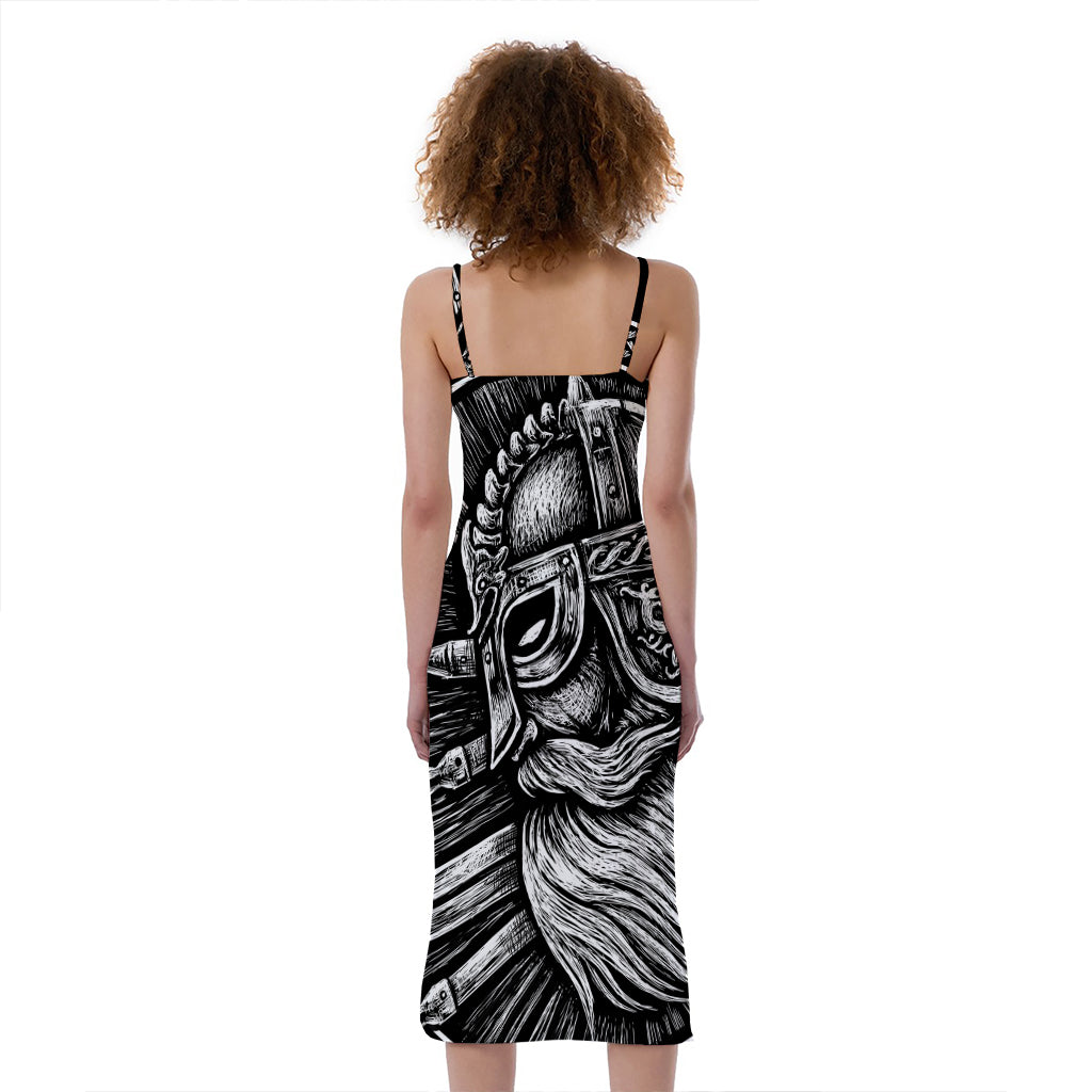 Black And White Viking God Odin Print Slim Fit Midi Cami Dress