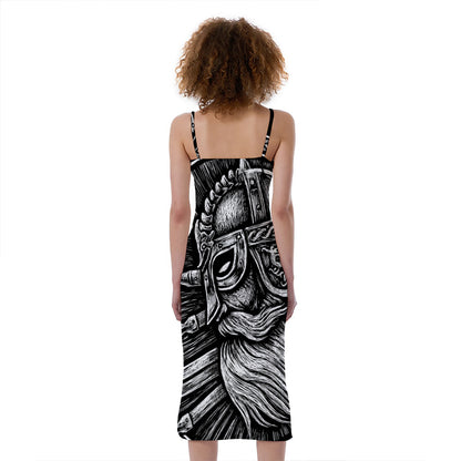 Black And White Viking God Odin Print Slim Fit Midi Cami Dress