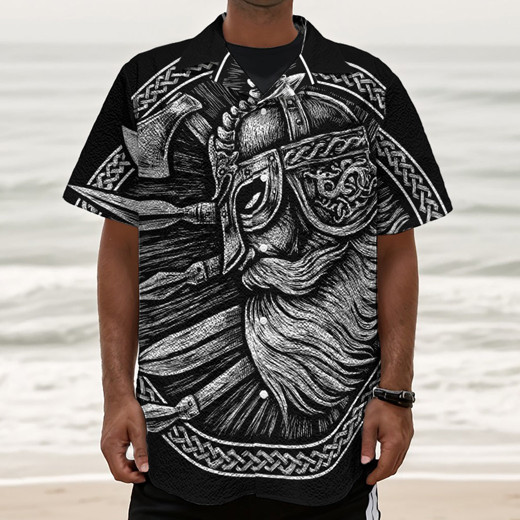 Black And White Viking God Odin Print Textured Short Sleeve Shirt