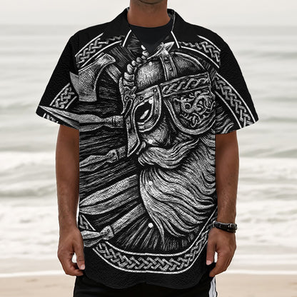 Black And White Viking God Odin Print Textured Short Sleeve Shirt
