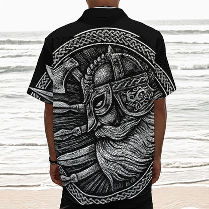 Black And White Viking God Odin Print Textured Short Sleeve Shirt