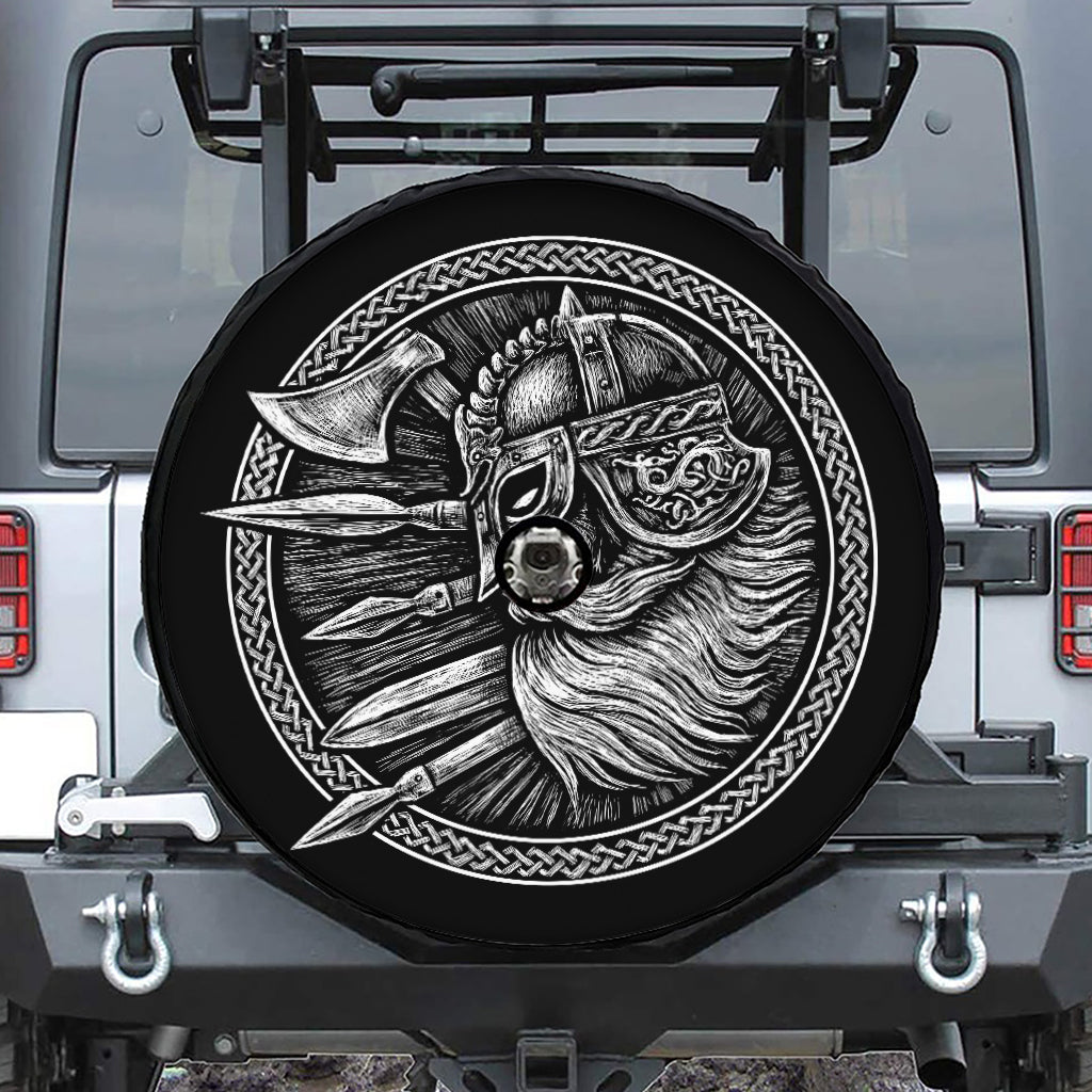 Black And White Viking God Odin Print Tire Cover With Camera Hole