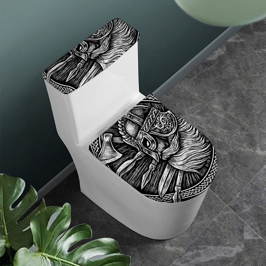 Black And White Viking God Odin Print Toilet Lid And Tank Cover Set