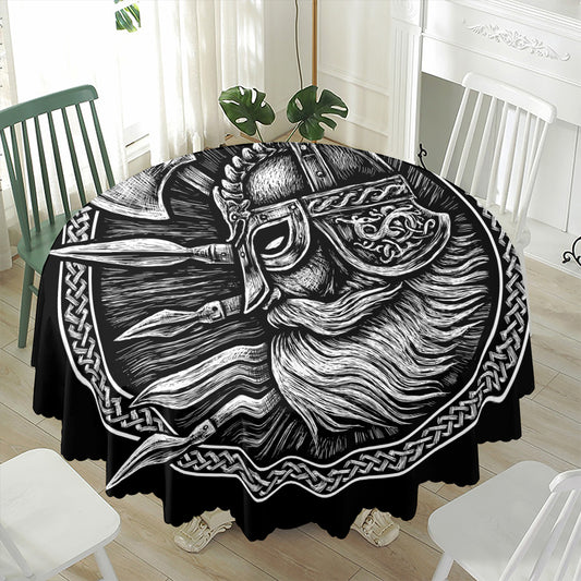 Black And White Viking God Odin Print Waterproof Round Tablecloth