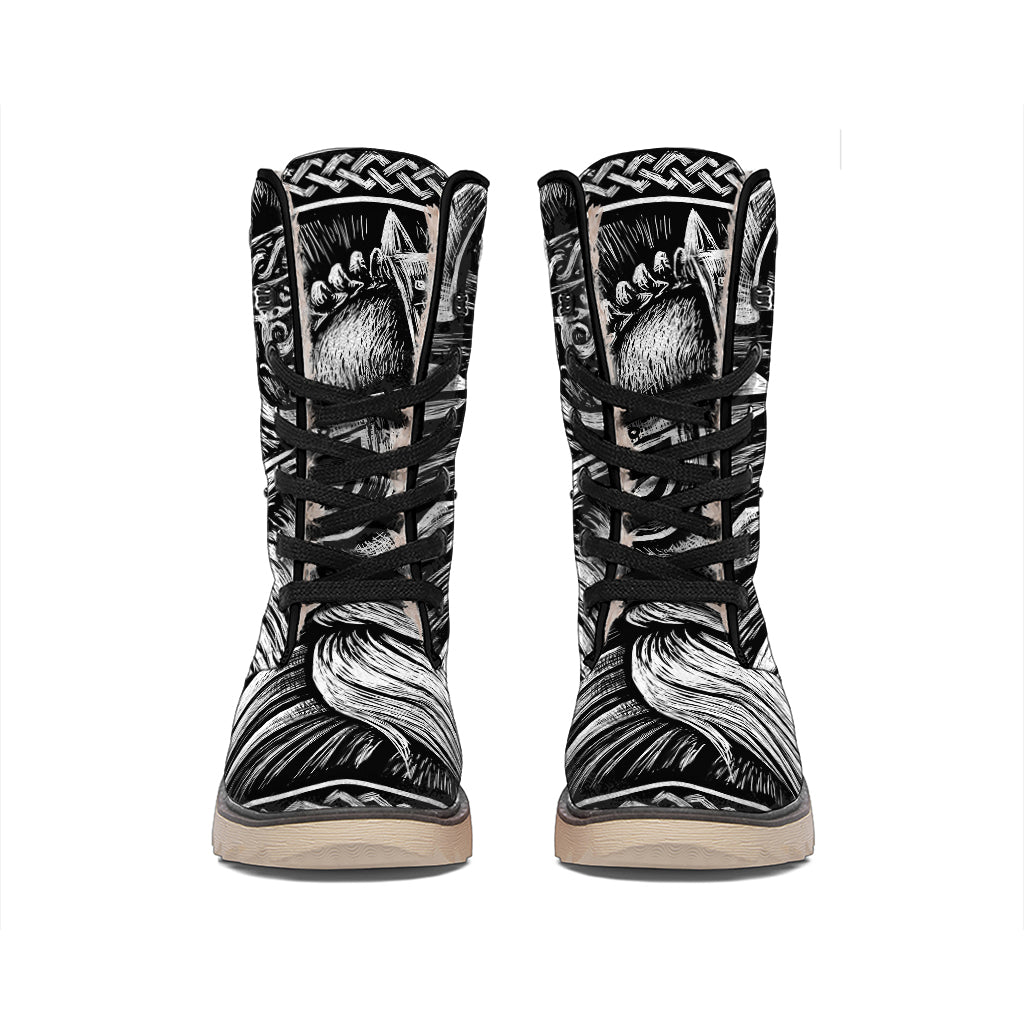 Black And White Viking God Odin Print Winter Boots