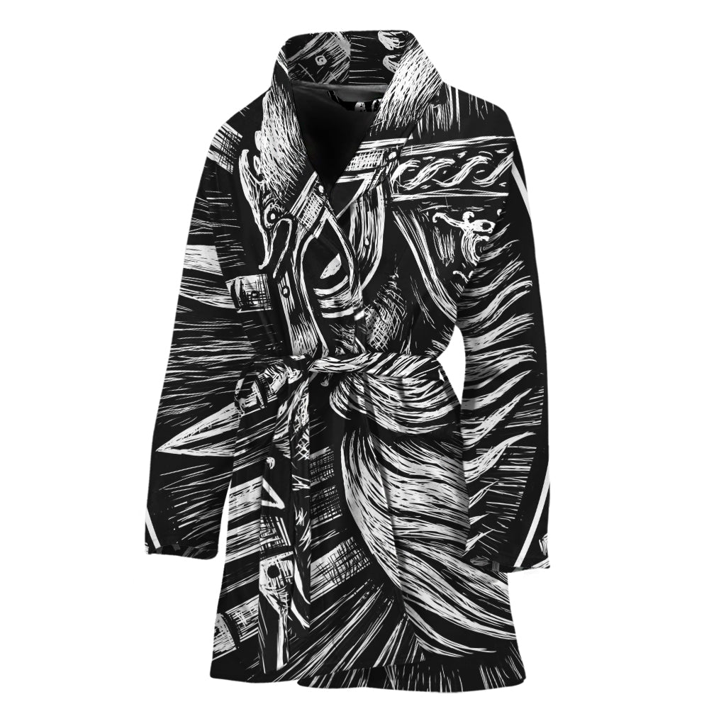 Black And White Viking God Odin Print Women's Bathrobe