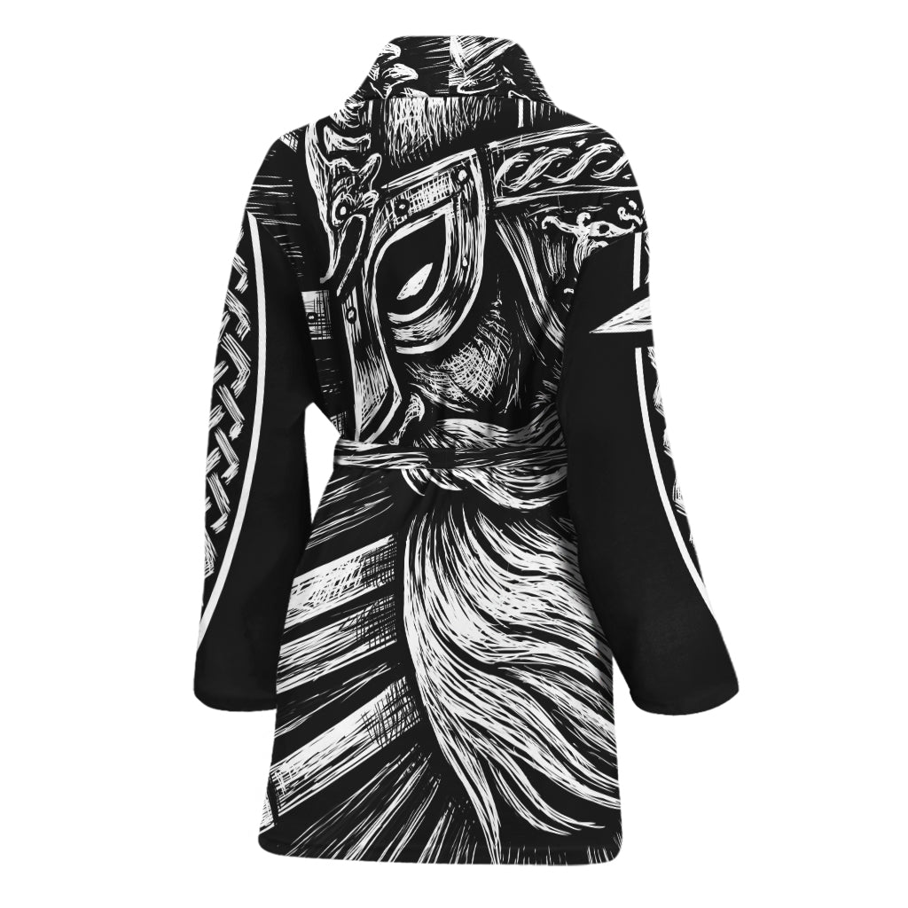 Black And White Viking God Odin Print Women's Bathrobe