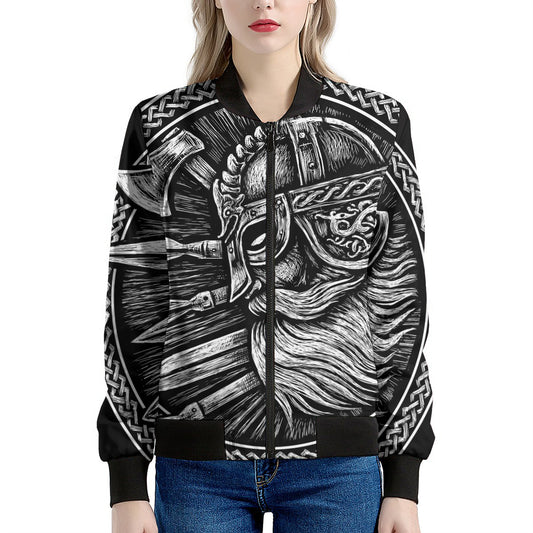 Black And White Viking God Odin Print Women's Bomber Jacket