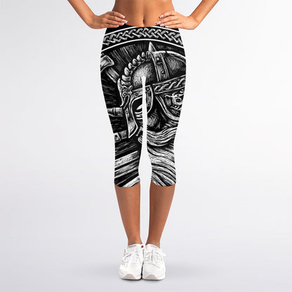 Black And White Viking God Odin Print Women's Capri Leggings