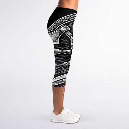 Black And White Viking God Odin Print Women's Capri Leggings