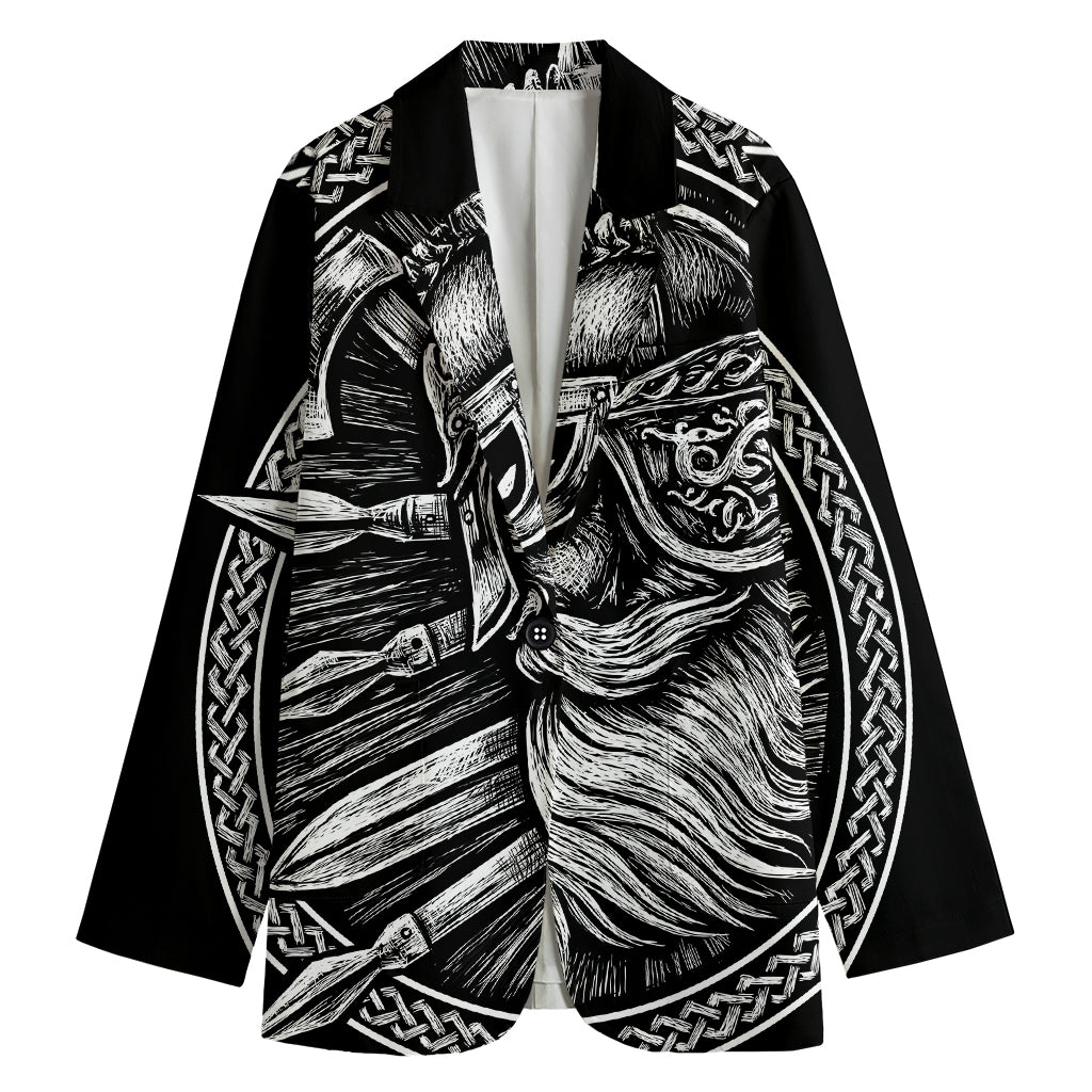 Black And White Viking God Odin Print Women's Cotton Blazer
