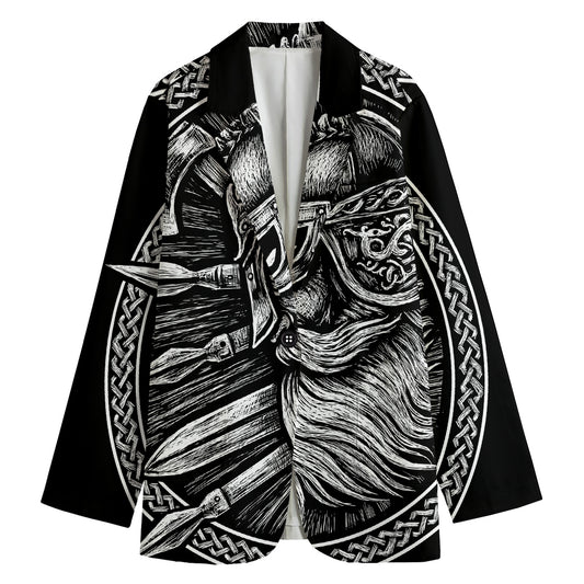 Black And White Viking God Odin Print Women's Cotton Blazer