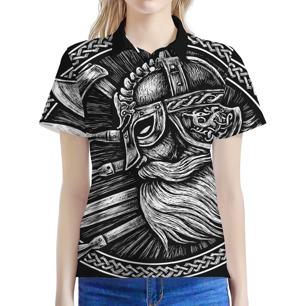 Black And White Viking God Odin Print Women's Polo Shirt