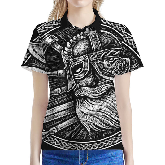 Black And White Viking God Odin Print Women's Polo Shirt