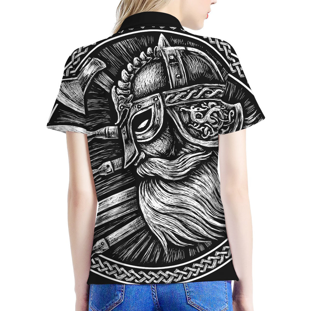 Black And White Viking God Odin Print Women's Polo Shirt
