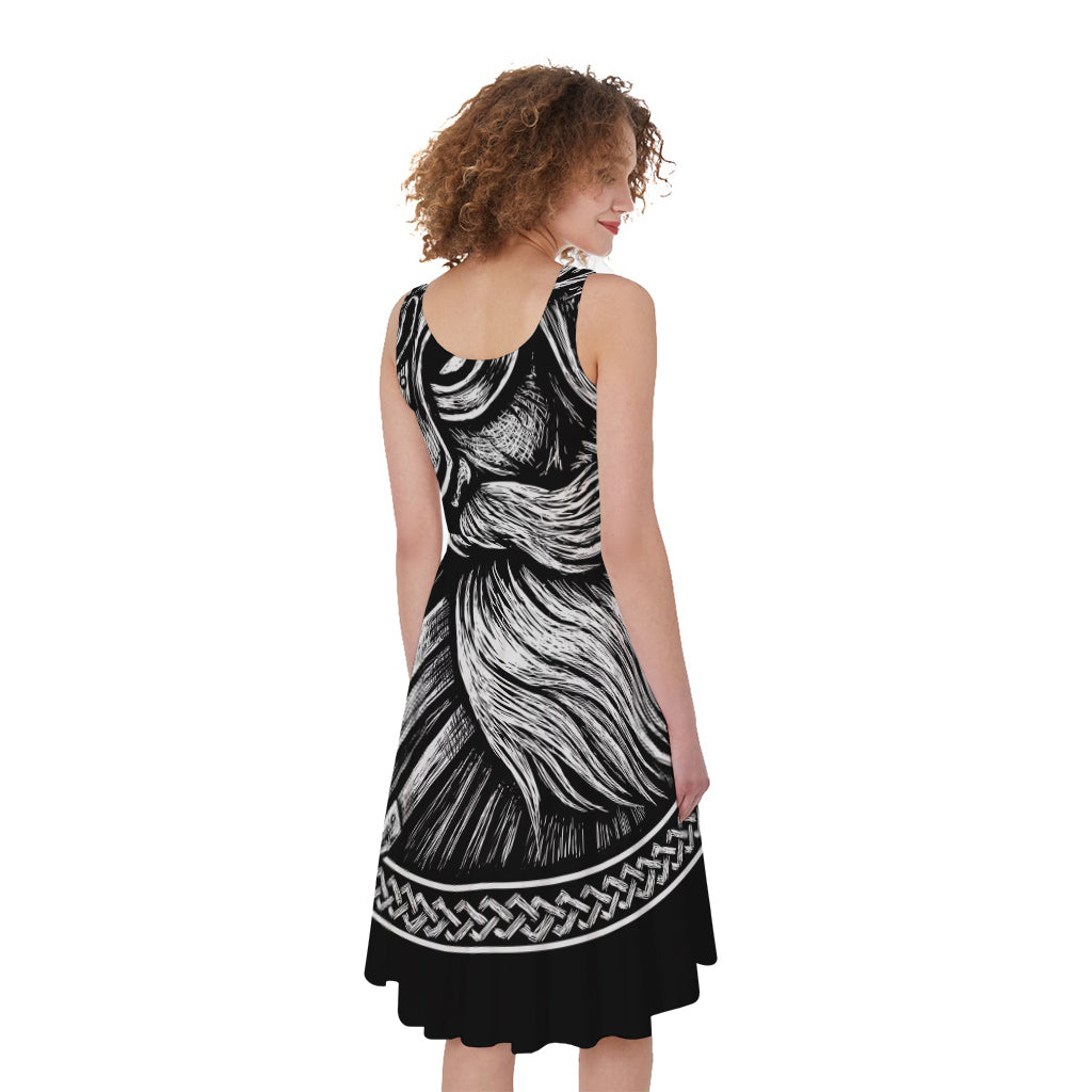 Black And White Viking God Odin Print Women's Sleeveless Dress