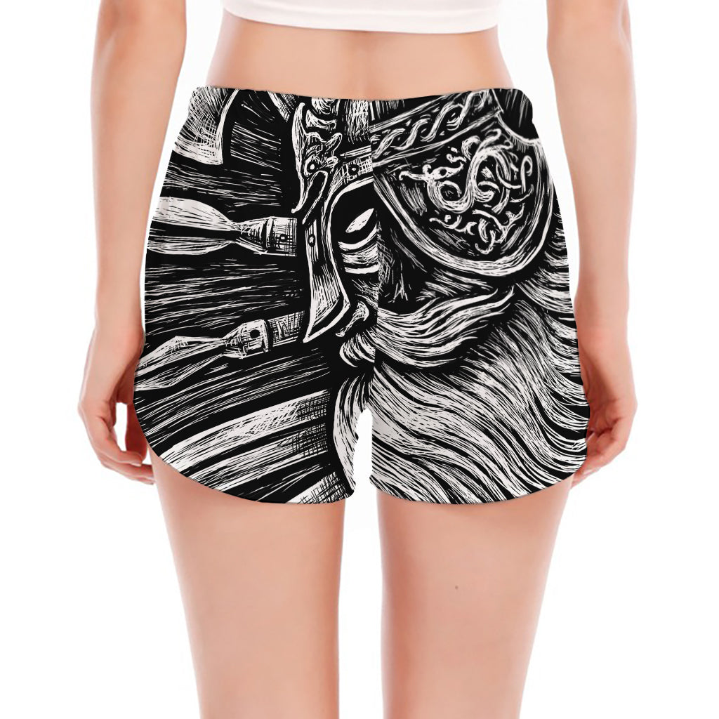 Black And White Viking God Odin Print Women's Split Running Shorts