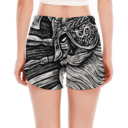 Black And White Viking God Odin Print Women's Split Running Shorts