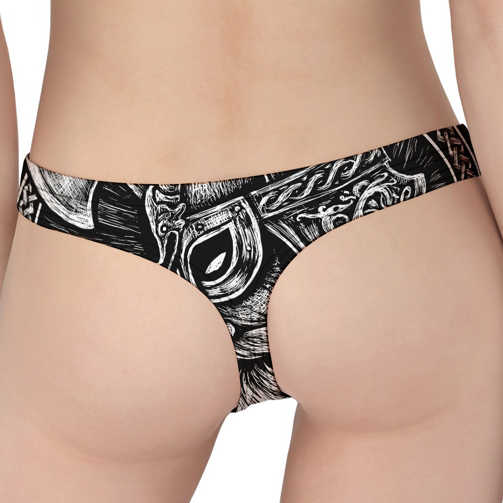 Black And White Viking God Odin Print Women's Thong