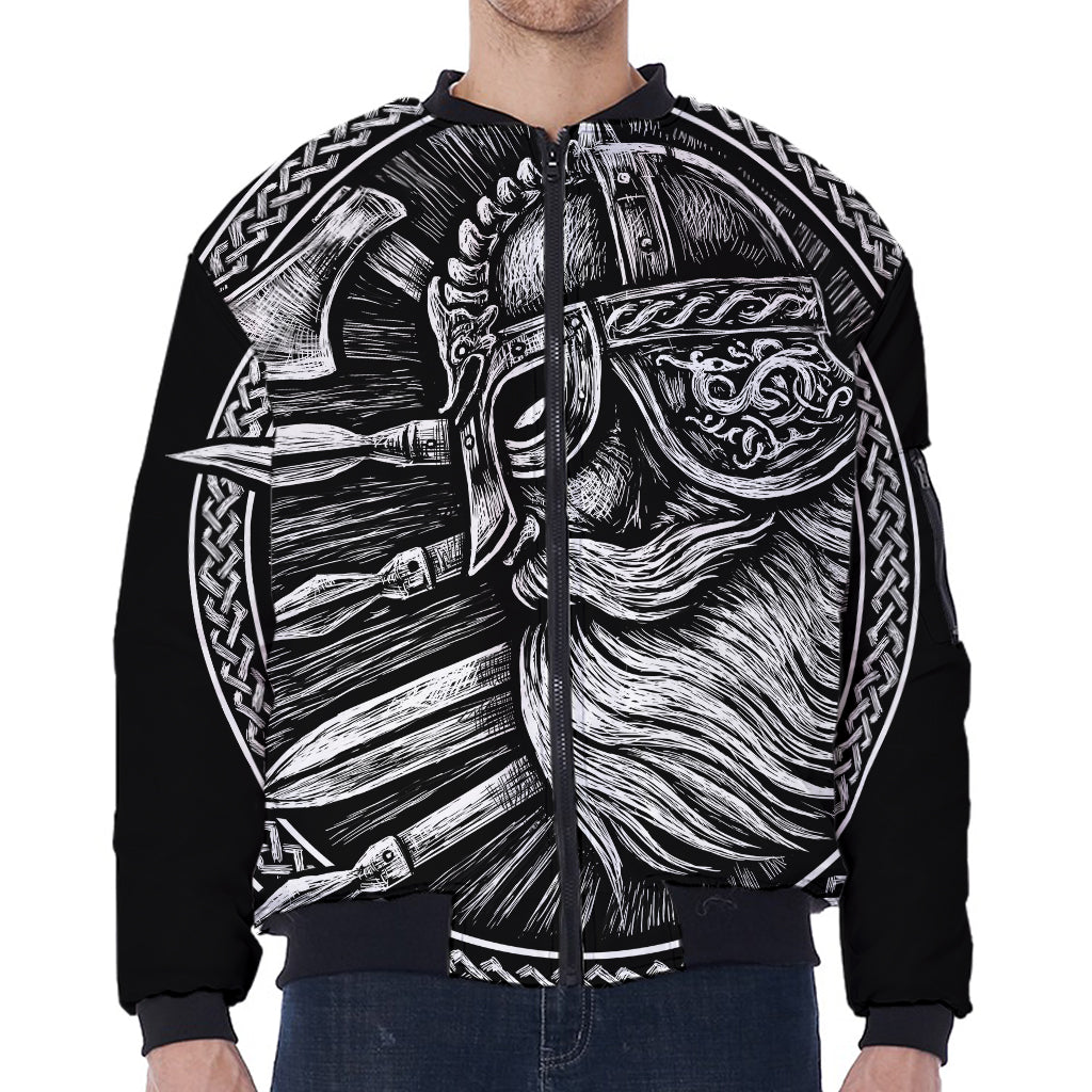 Black And White Viking God Odin Print Zip Sleeve Bomber Jacket