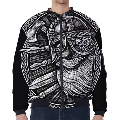 Black And White Viking God Odin Print Zip Sleeve Bomber Jacket