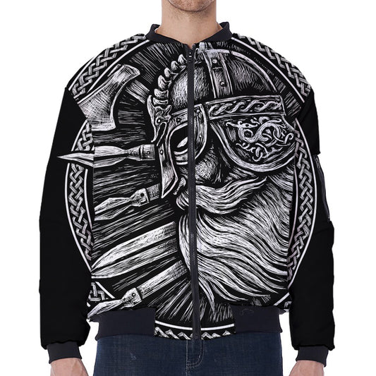 Black And White Viking God Odin Print Zip Sleeve Bomber Jacket