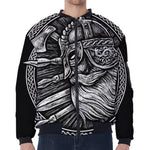 Black And White Viking God Odin Print Zip Sleeve Bomber Jacket