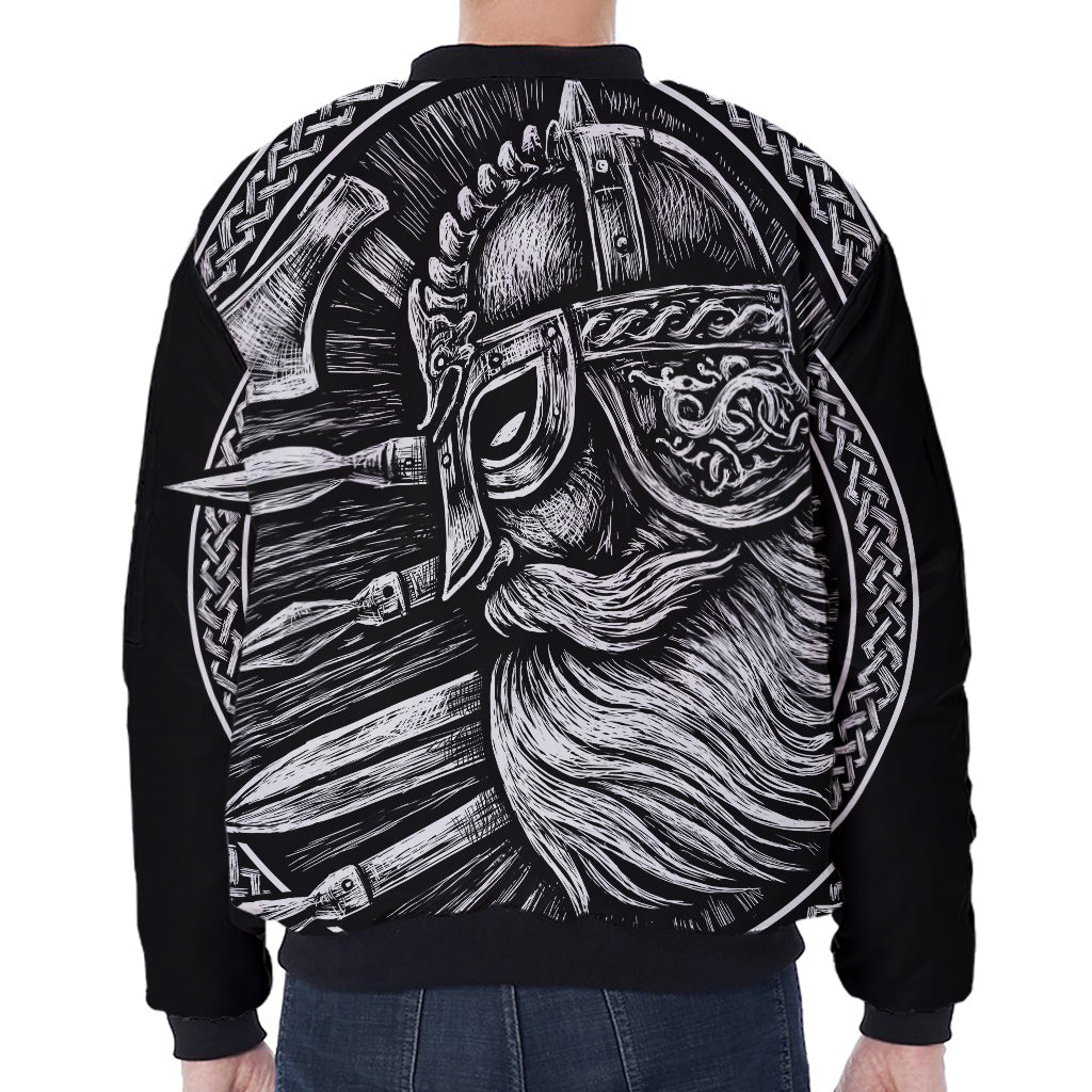 Black And White Viking God Odin Print Zip Sleeve Bomber Jacket