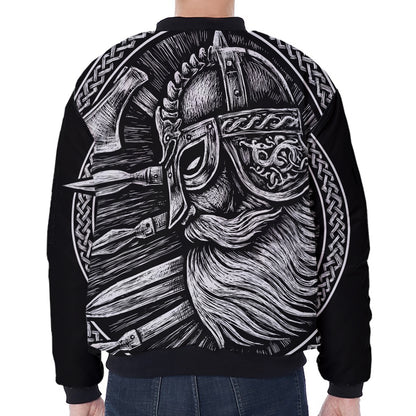 Black And White Viking God Odin Print Zip Sleeve Bomber Jacket