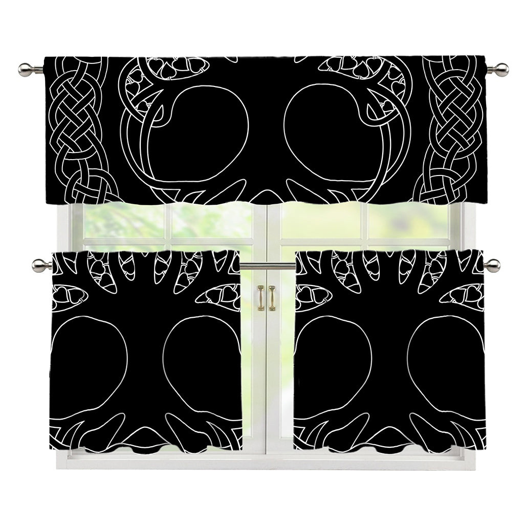 Black And White Viking Yggdrasil Print 3 Piece Kitchen Curtains